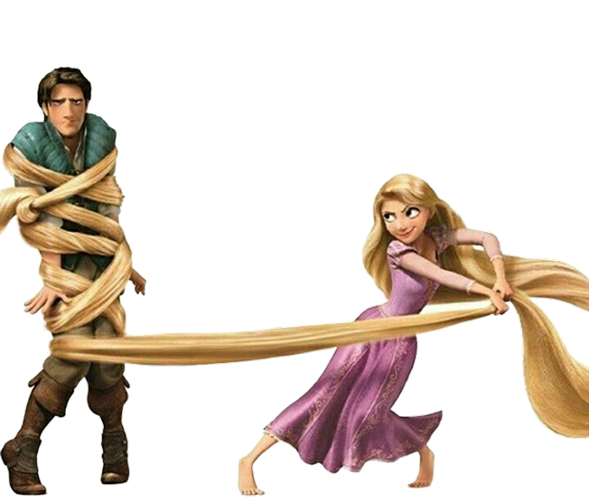 Rapunzel and Flynn tied in hair